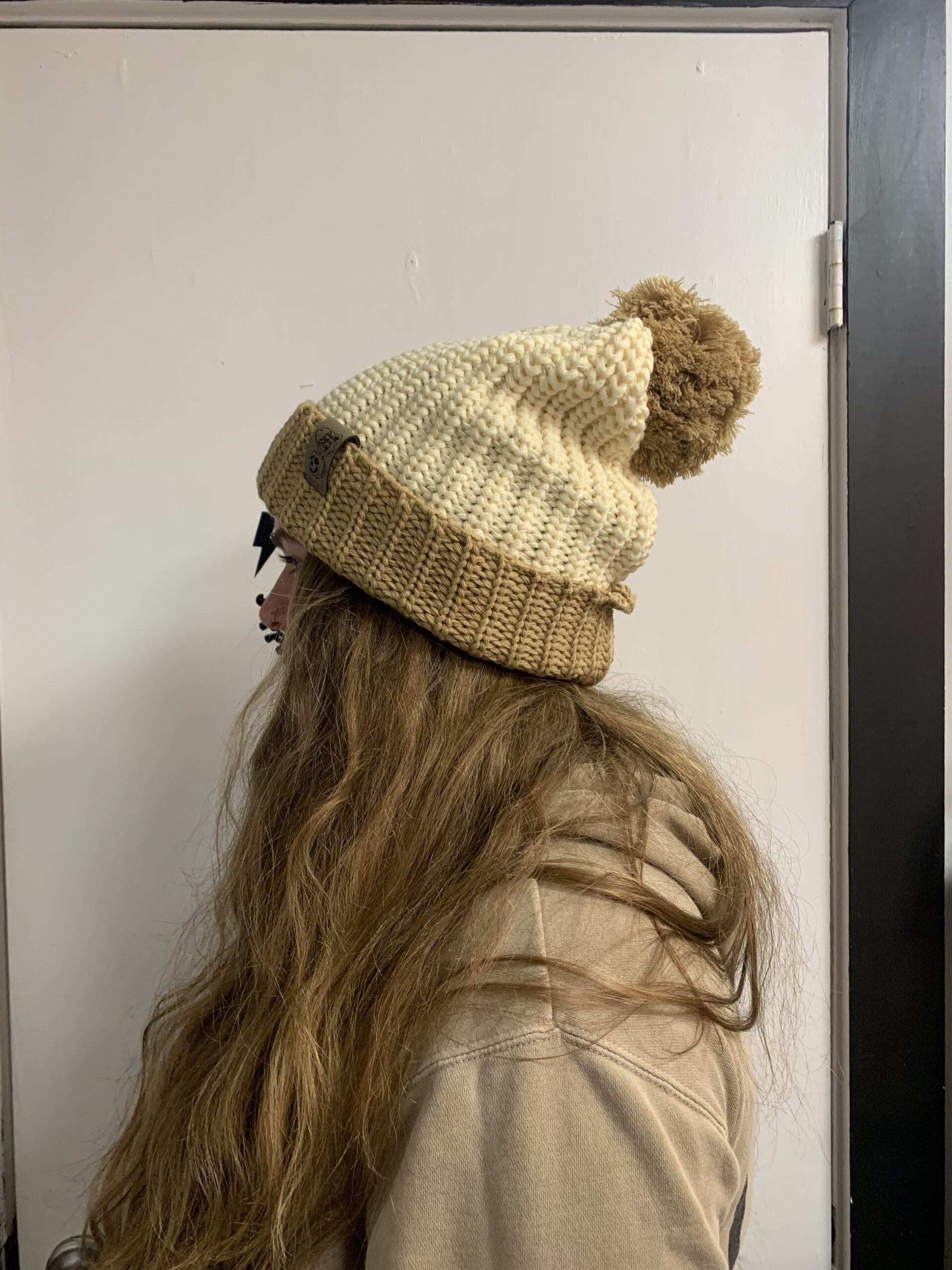 NEW JOSEPH RIBKOFF beaded pom-pom beanie in taupe melange Sweater Cuffed Faux Fur Pom Pom Beanie For Women  main image 2